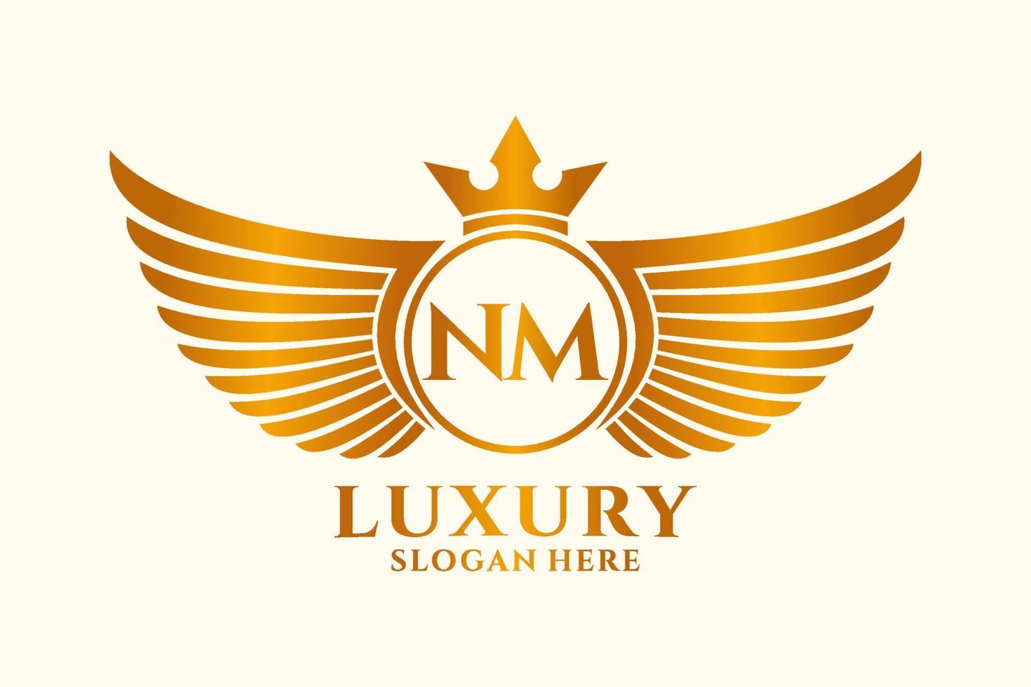 Luxury royal wing Letter NM crest Gold color Logo vector, Victory logo, crest logo, wing logo, vector logo template.