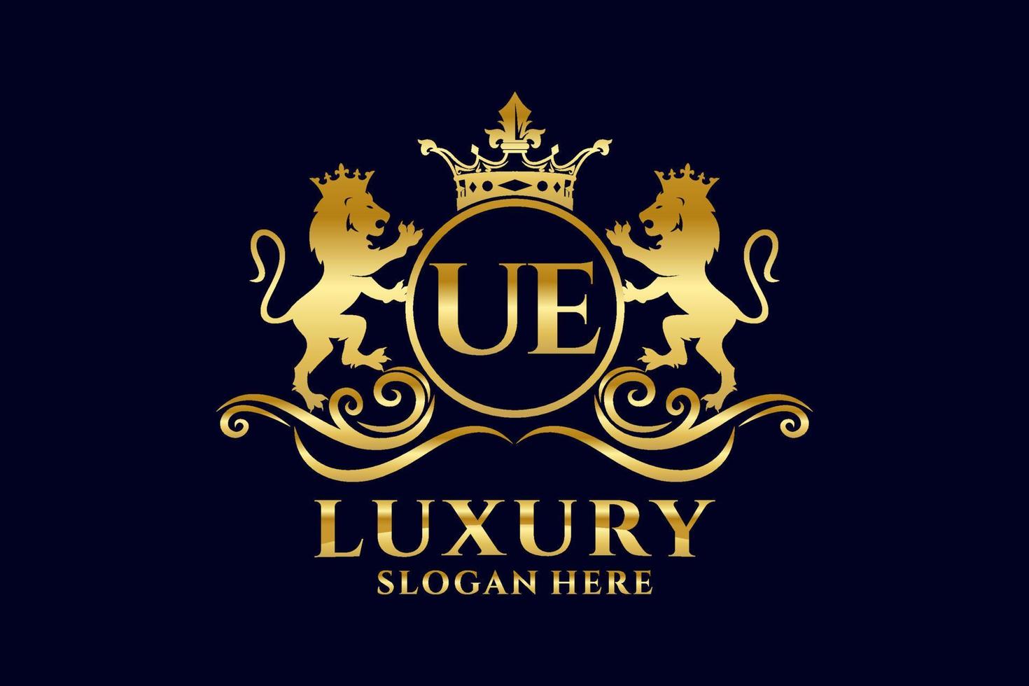 Initial UE Letter Lion Royal Luxury Logo template in vector art for luxurious branding projects and other vector illustration.