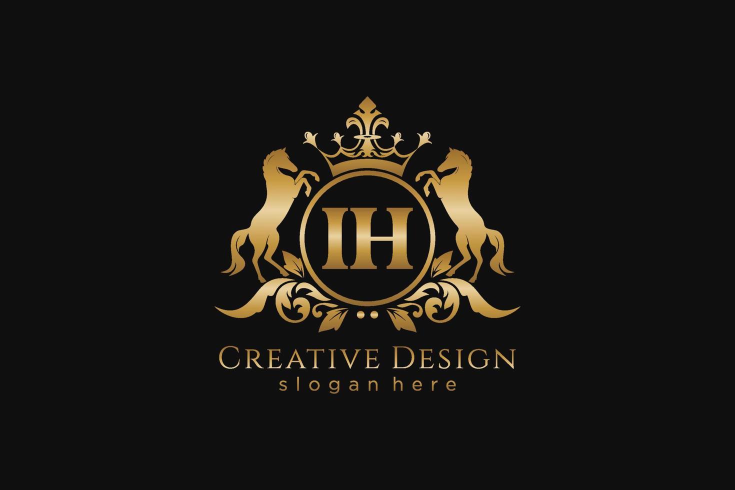 initial IH Retro golden crest with circle and two horses, badge template with scrolls and royal crown - perfect for luxurious branding projects vector