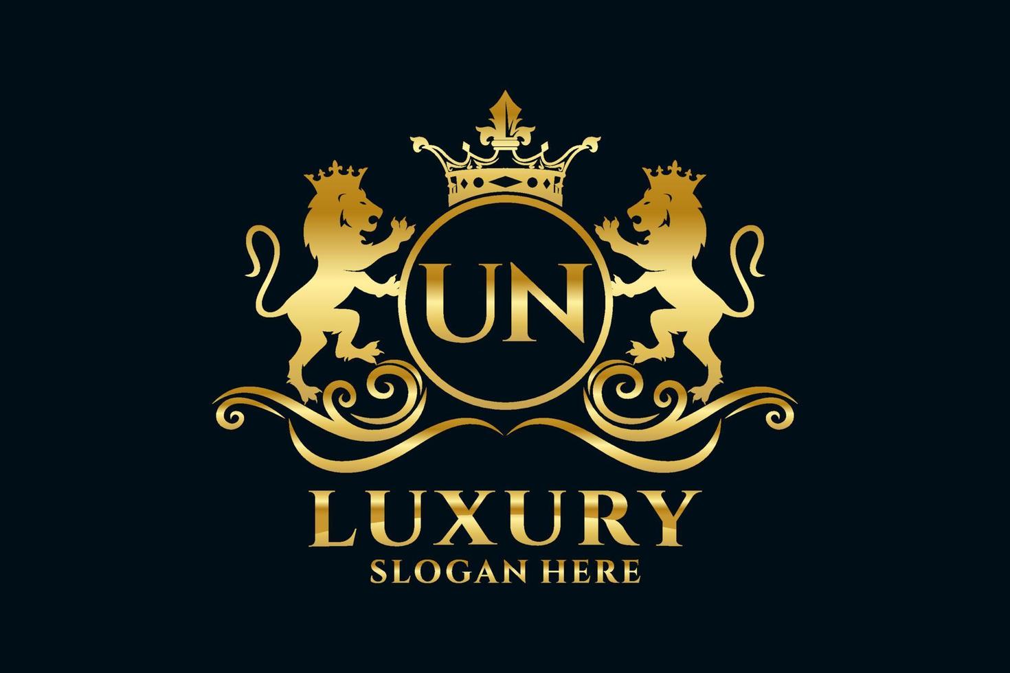 Initial UN Letter Lion Royal Luxury Logo template in vector art for luxurious branding projects and other vector illustration.