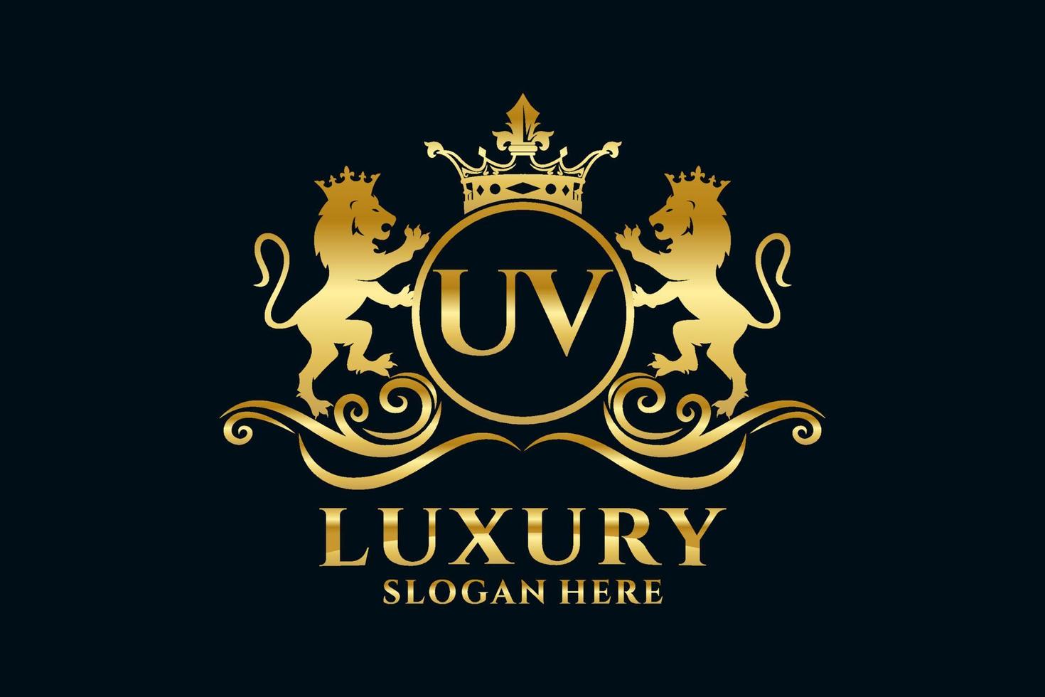 Initial UV Letter Lion Royal Luxury Logo template in vector art for luxurious branding projects and other vector illustration.