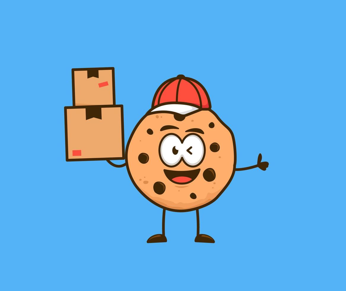 Cute cookies snack personaje de dibujos animados mascota como mensajero de entrega llevar pila de caja de paquete felizmente vector