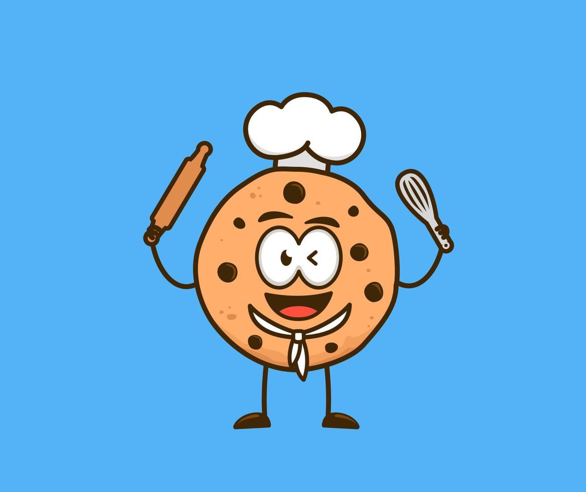 Cute cookies snack cartoon character as baker bakery chef holding whisk and rolling pin vector illustration graphic