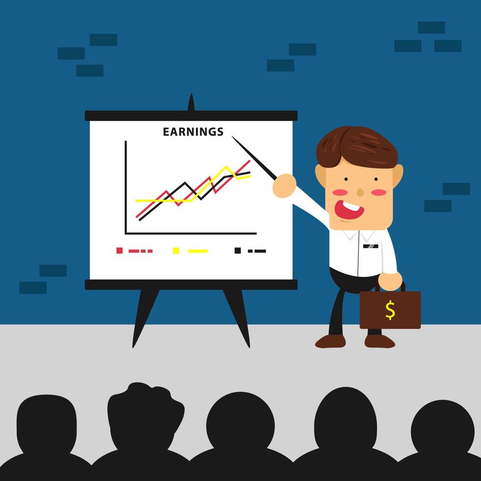 flat brown hair professional businessman pointing presentation board in front of audience vector