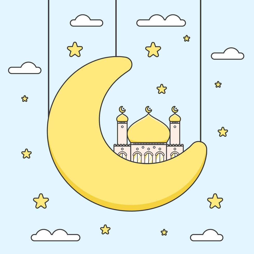 Cute Golden dome flat design Ramadan Mosque on half crescent moon vector