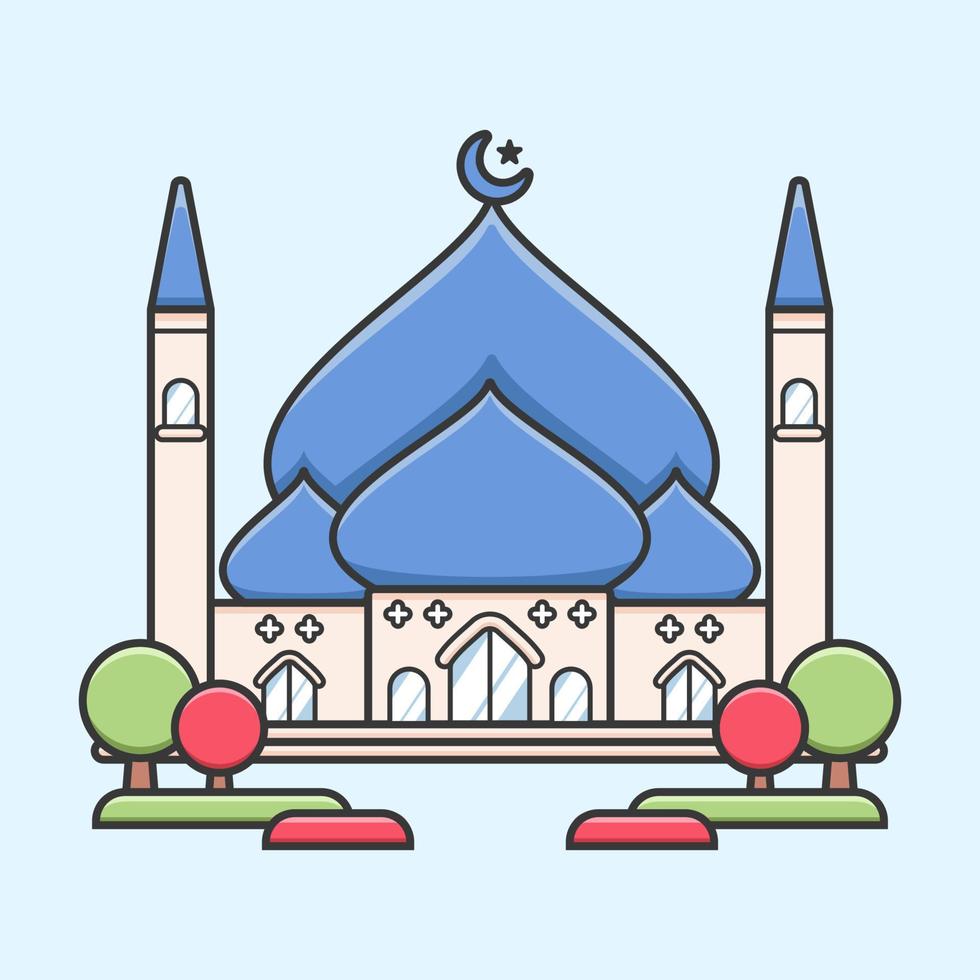 Big central mosque with blue dome and garden simple flat cute illustration for Ramadan vector