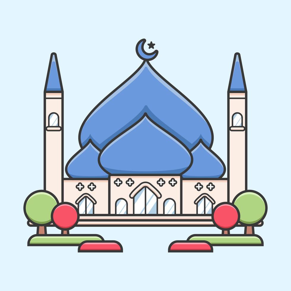 gran mezquita central con cúpula azul y jardín simple plana linda ilustración para ramadán vector