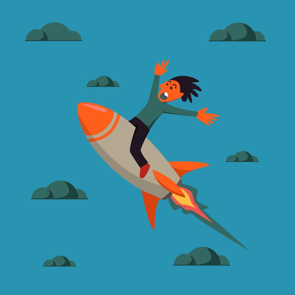 Man fly high with rocket to the sky in unique color style vector