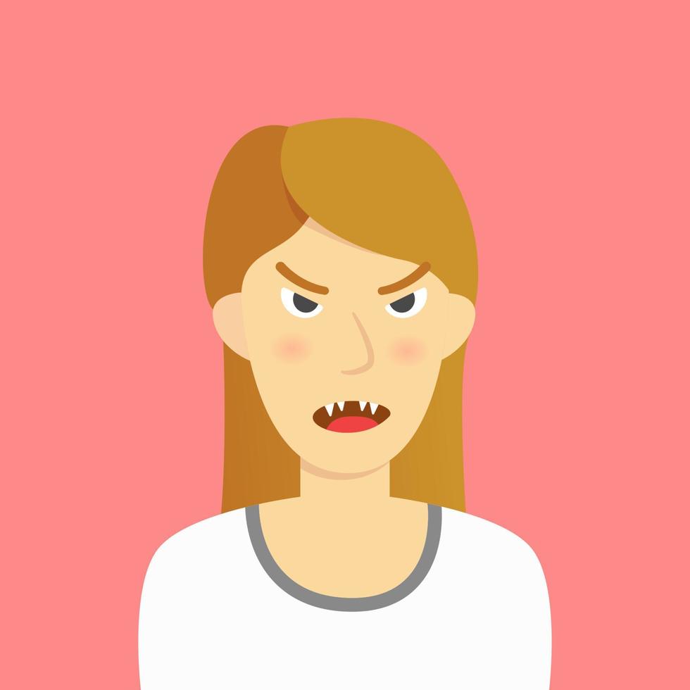 Closeup Portrait Cranky, Displeased, Pissed Grumpy big angry eye, showing evil tooth girl illustration vector