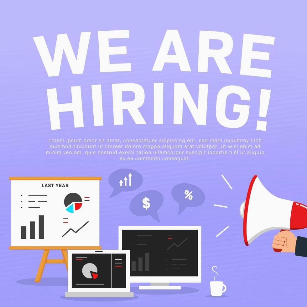 We are hiring accountant analyst. Recruitment poster ads illustration for accountant and data analyst square size illustration vector