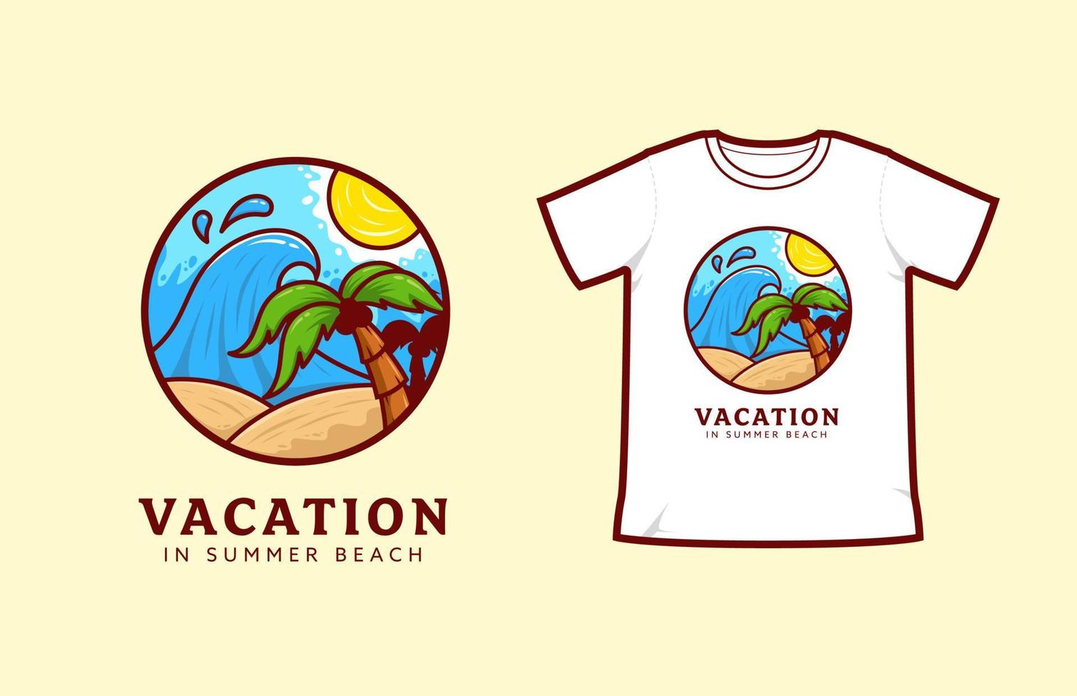 Vacation Holiday in summer beach logo icon badge, surfing beach with big wave t-shirt illustration vector