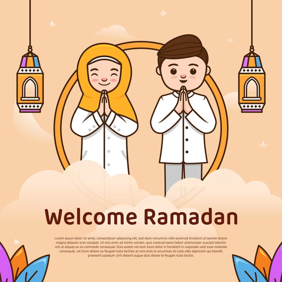 Welcome ramadhan kareem holy month greeting with cute couple character mascot illustration vector