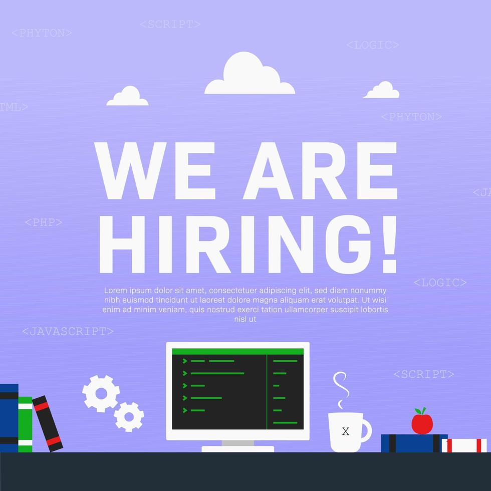 Estamos contratando programador. ilustración de anuncios de carteles de reclutamiento para programador de computadoras formato de tamaño cuadrado vector