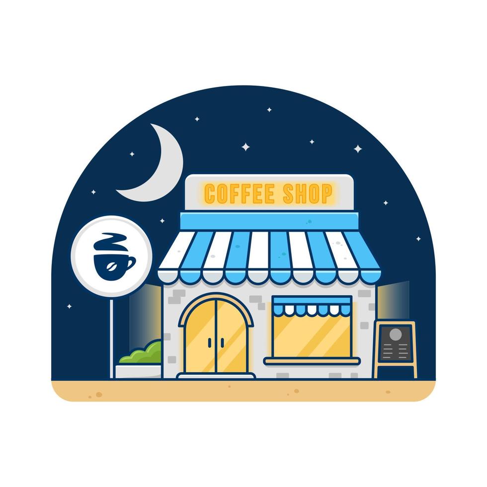 Coffee shop cafe building in night time vector flat illustration