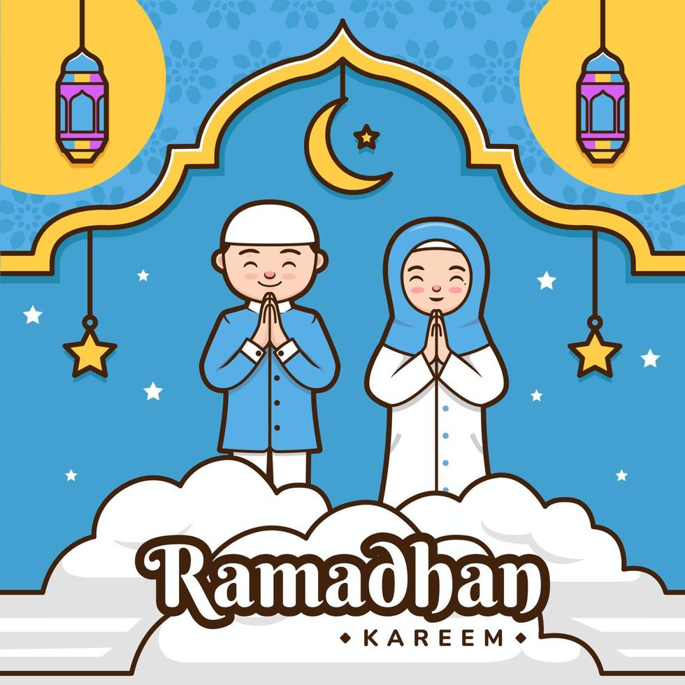 cartel de banner de saludo de ramadhan kareem de dibujos animados ilustración colorida con carácter lindo vector