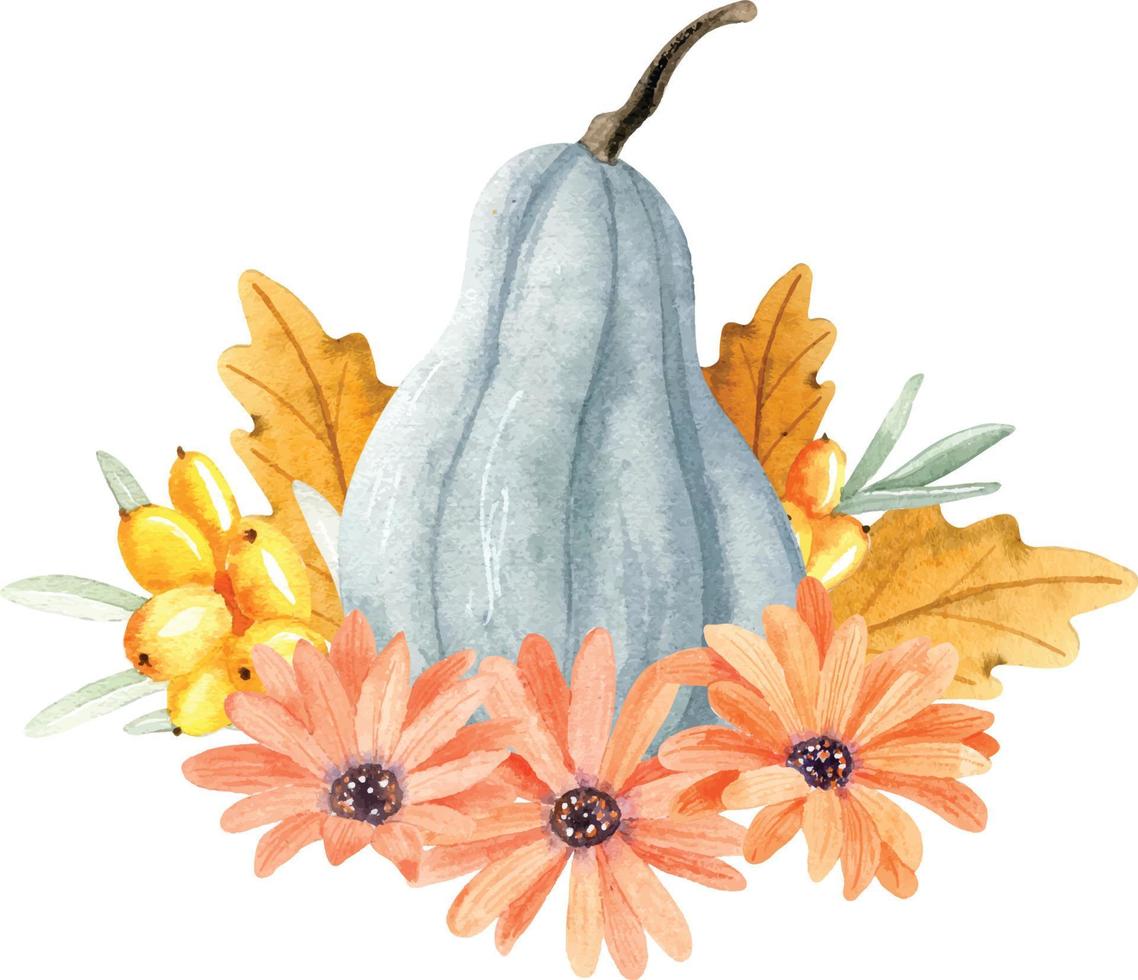 Watercolor autumn pumpkin with flowers and fall leaves vector