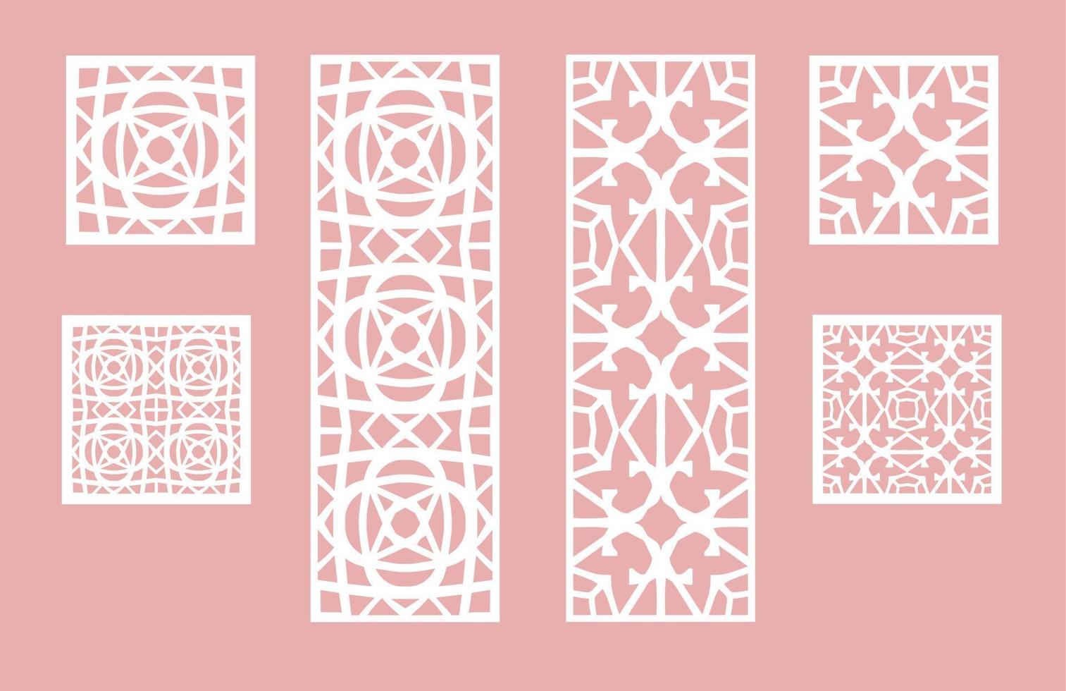 Wall panel set. Room screens and dividers design. Laser cut panel vector. Cutout silhouette with geometric pattern, ideal for paper cut card printing, engraving,  wood, metal, stencil. vector