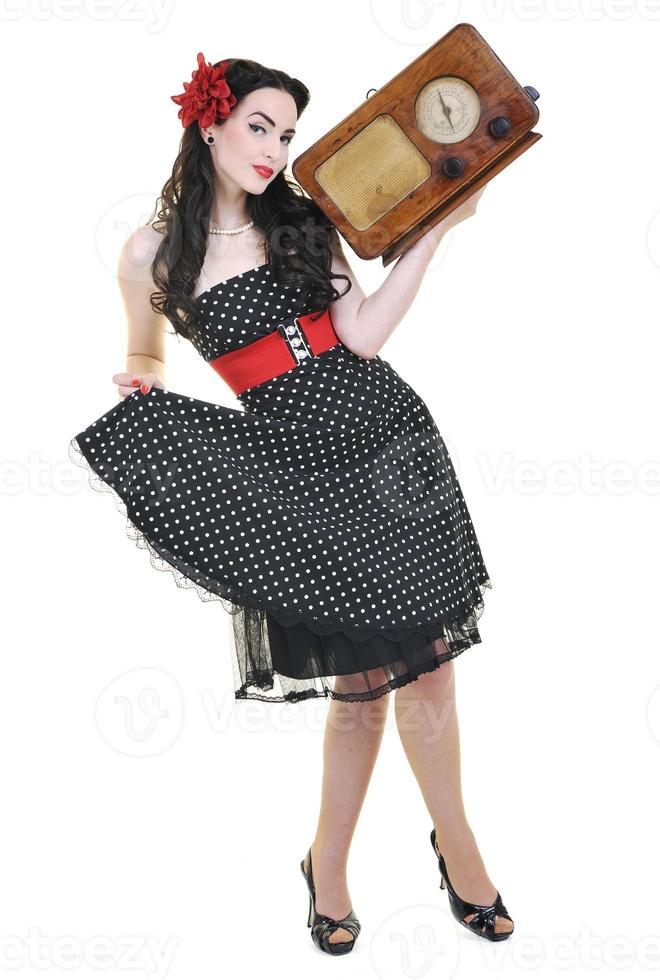 pretty girl listening music on  radio photo