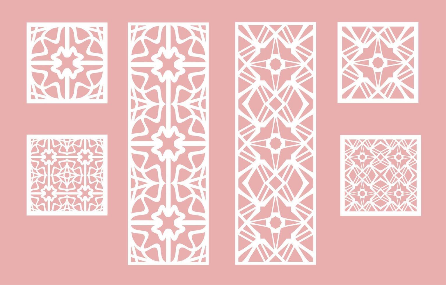 Wall panel set. Room screens and dividers design. Laser cut panel vector. Cutout silhouette with geometric pattern, ideal for paper cut card printing, engraving,  wood, metal, stencil. vector