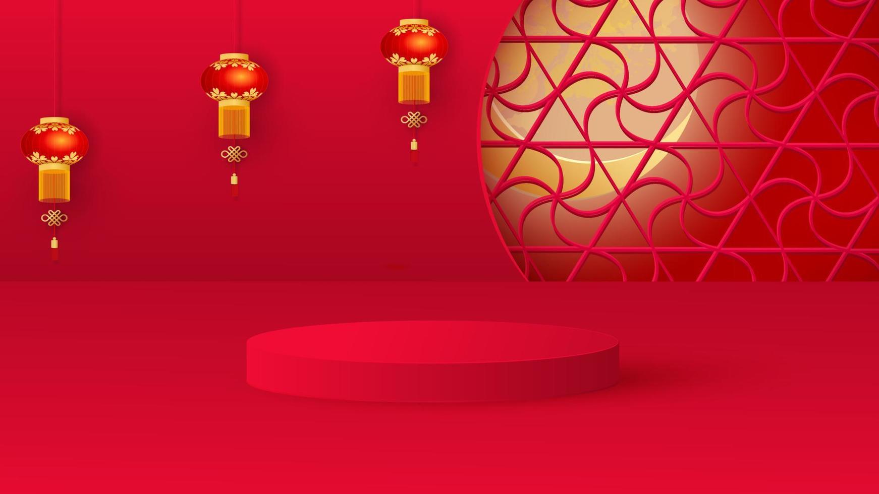 Platform and podium for presentations. Festive Christmas background, ceramic hare, hanging lanterns, traditional patterns. Happy new year of the rabbit. Vector
