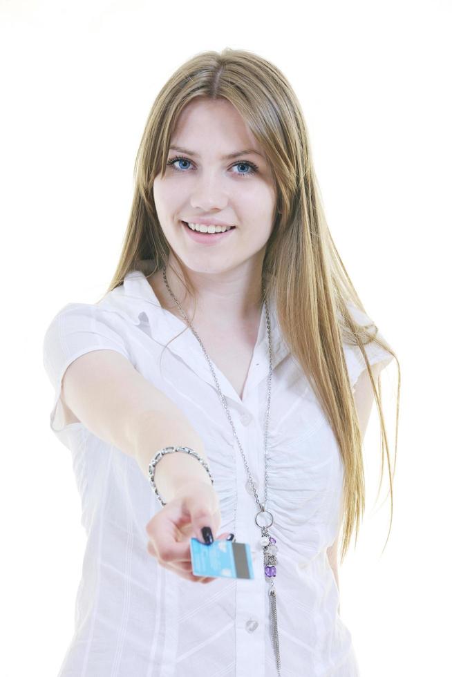 young woman hold credit card photo