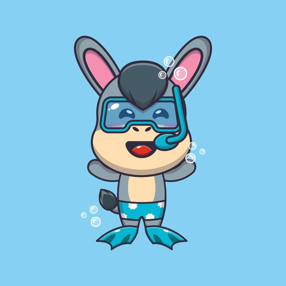 lindo burro buceo dibujos animados mascota personaje ilustración vector