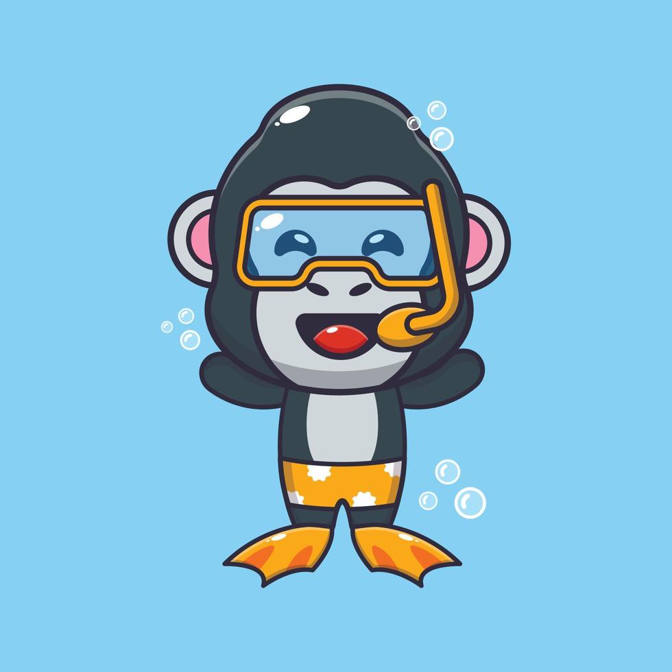 Cute gorilla diving cartoon mascot character illustration. vector