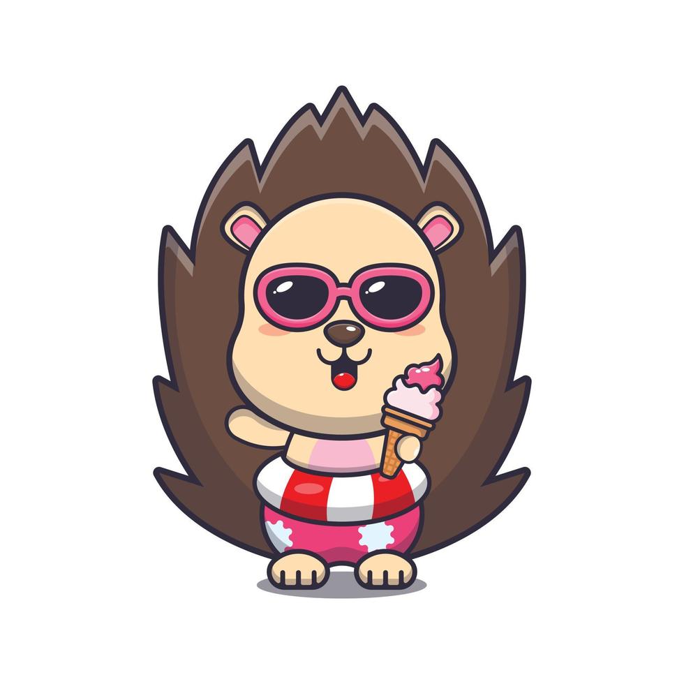 Cute hedgehog with ice cream on beach cartoon illustration. vector