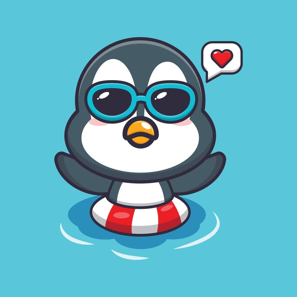 Cute penguin in sunglasses swimming on beach cartoon illustration. vector