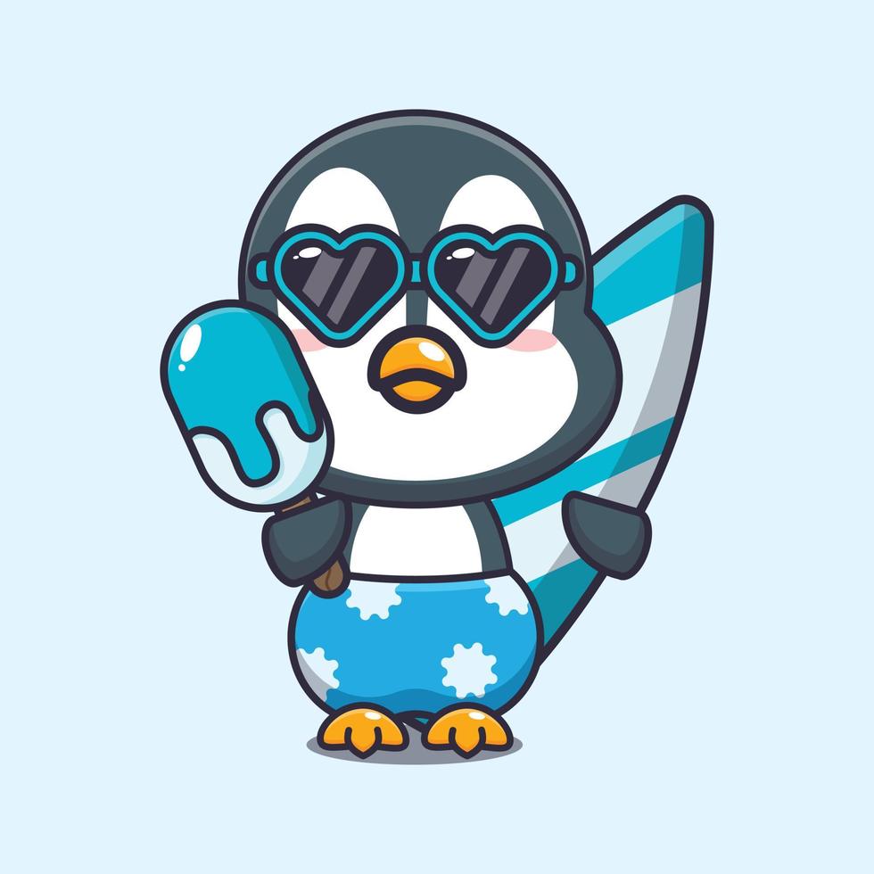 Cute penguin with surfboard holding ice cartoon illustration. vector