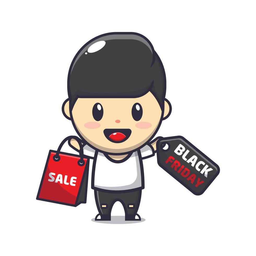 cute boy in black friday sale cartoon mascot illustration vector