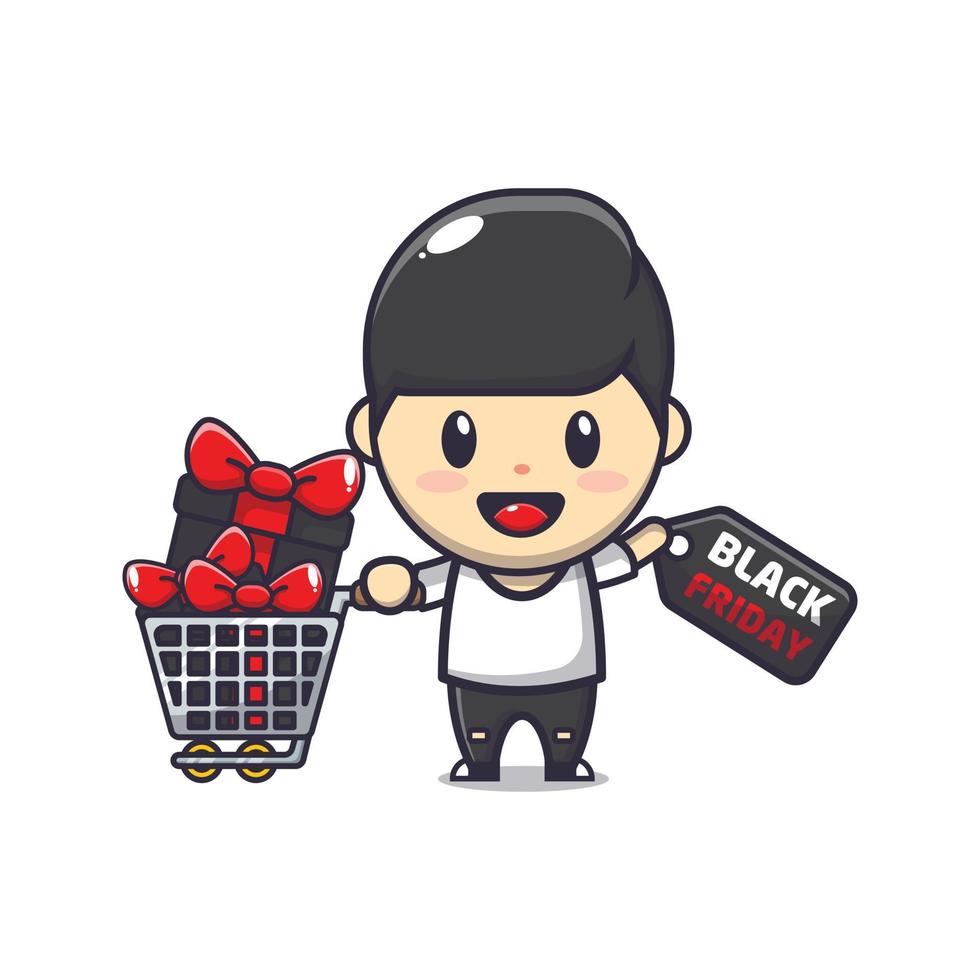 cute boy in black friday sale cartoon mascot illustration vector