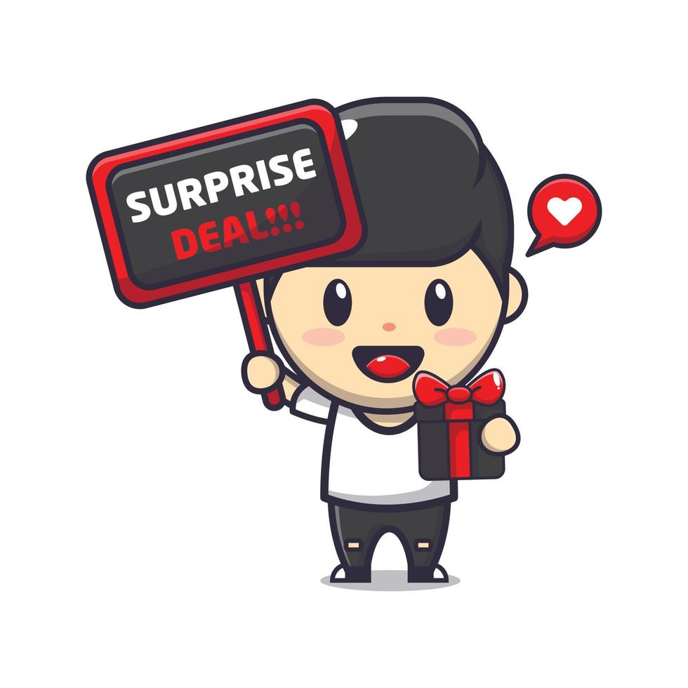 cute boy in black friday sale cartoon mascot illustration vector