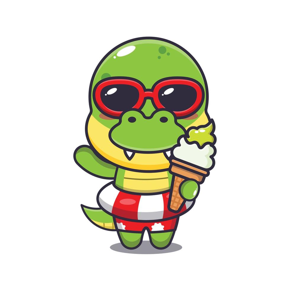 Cute dino with ice cream on beach cartoon illustration vector