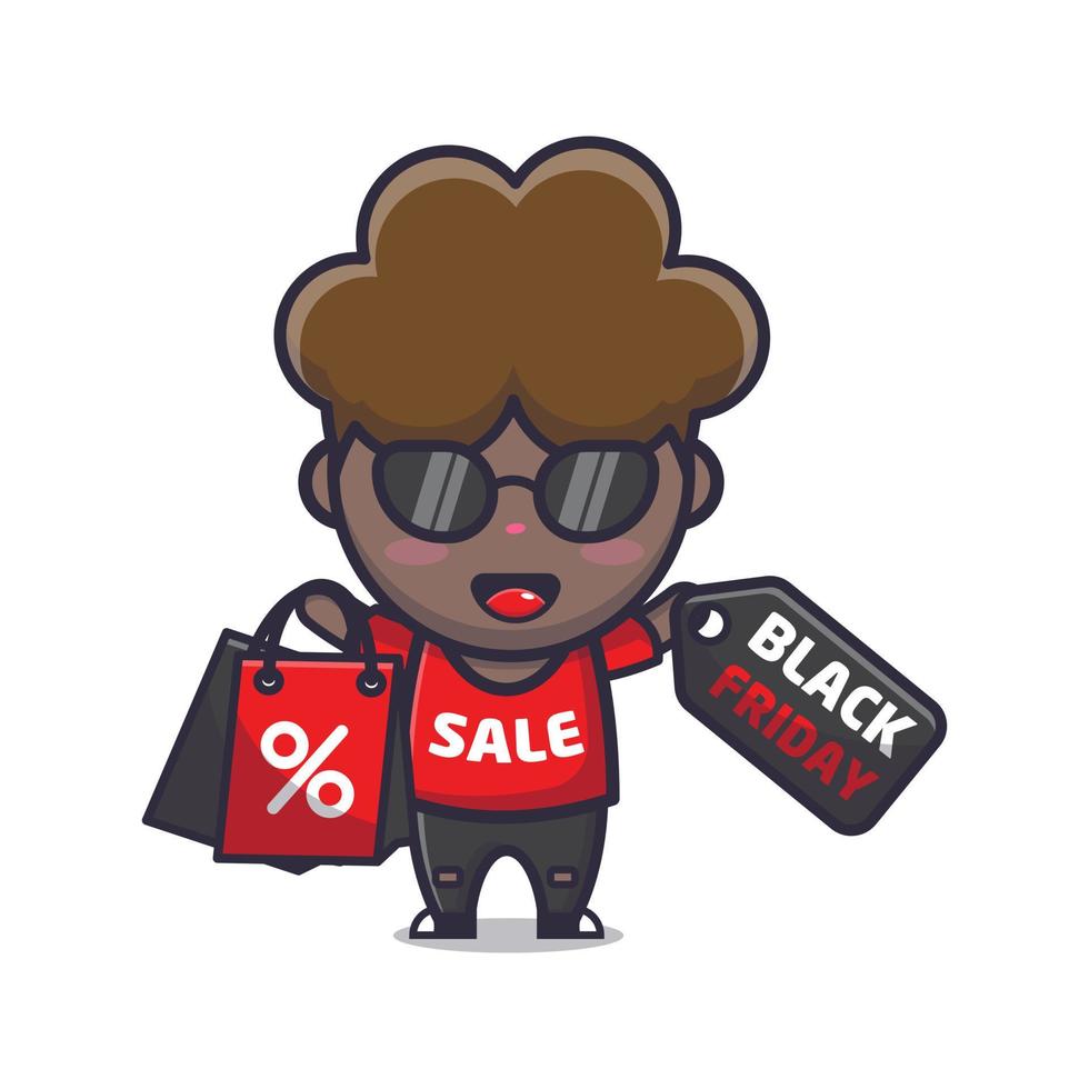 cute afro boy in black friday sale cartoon mascot illustration vector