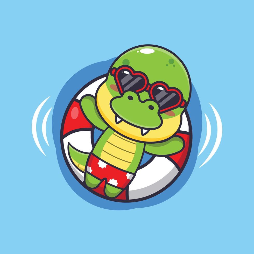 Cute dino in sunglasses float with buoy cartoon illustration vector