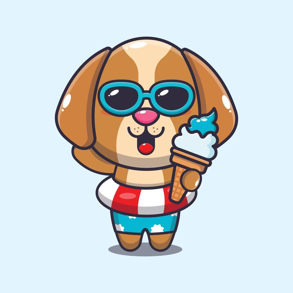 lindo perro con helado en la playa ilustración de dibujos animados vector