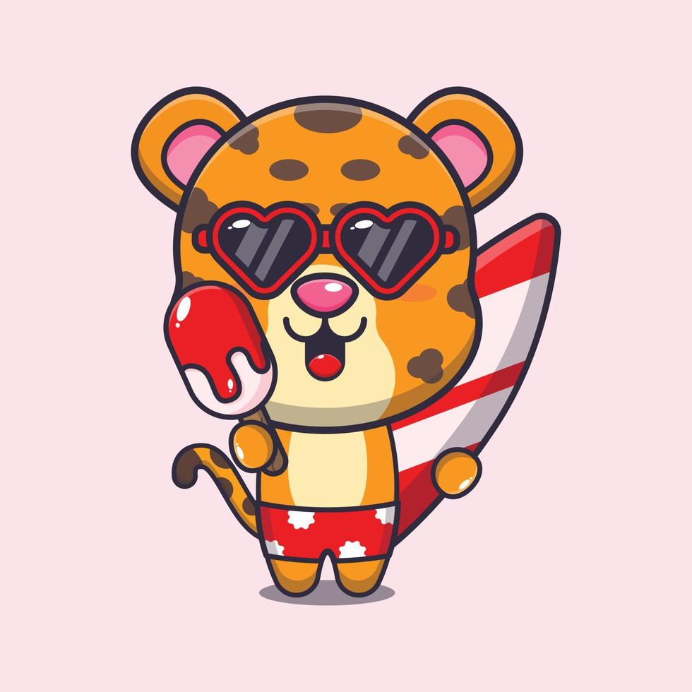 Cute leopard with surfboard holding ice cartoon illustration vector