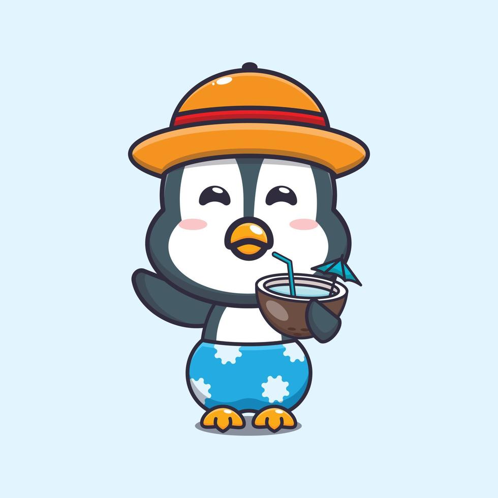 Cute penguin drink coconut cartoon illustration. vector