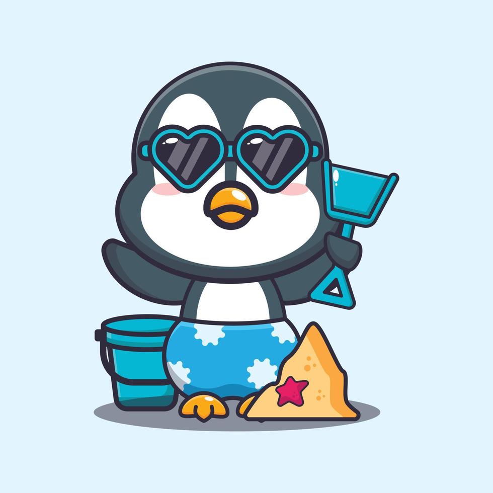 lindo pingüino en gafas de sol jugar ilustración de dibujos animados de playa de arena. vector