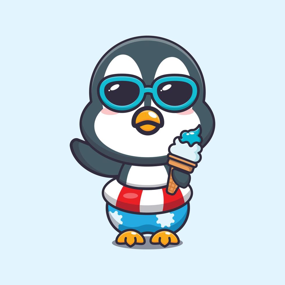 lindo pingüino con helado en la ilustración de dibujos animados de playa. vector