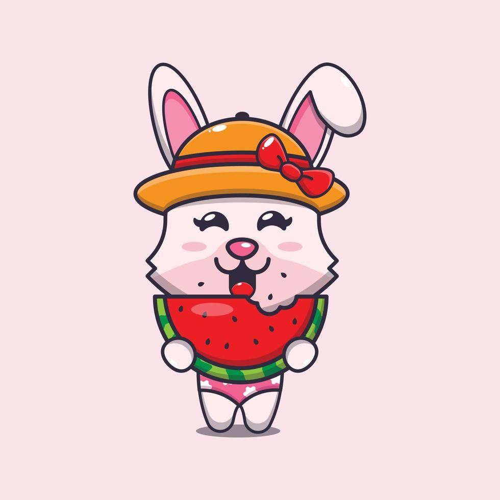 Cute bunny eating fresh watermelon cartoon illustration. vector