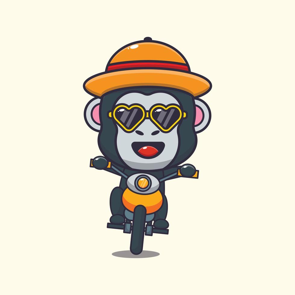 Cool gorilla with sunglasses riding a motorcycle in summer day. vector