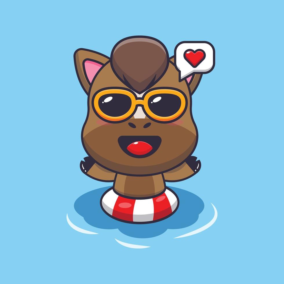 Cute horse in sunglasses swimming on beach cartoon illustration. vector