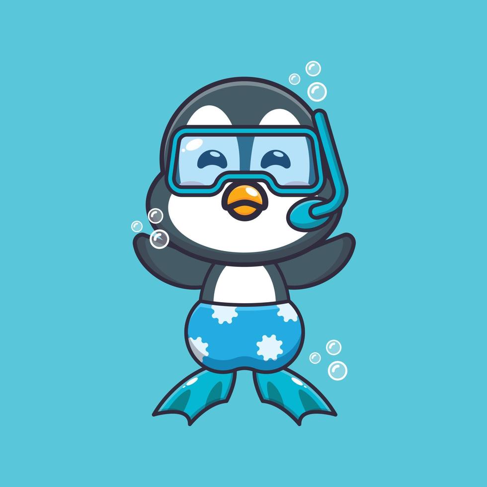 ilustración de personaje de mascota de dibujos animados de buceo de pingüino lindo. vector