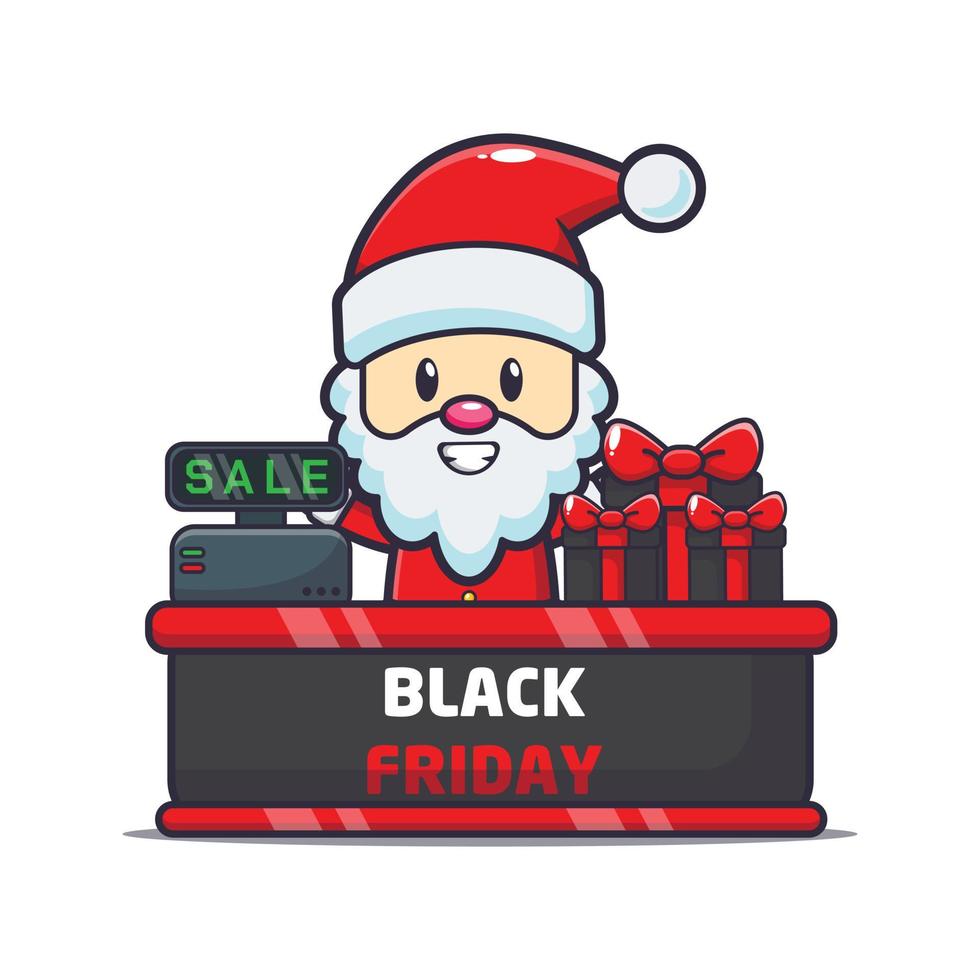 cute santa claus in black friday sale cartoon mascot illustration vector