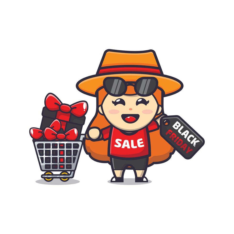 cute girl with sunglasses in black friday sale cartoon mascot illustration vector