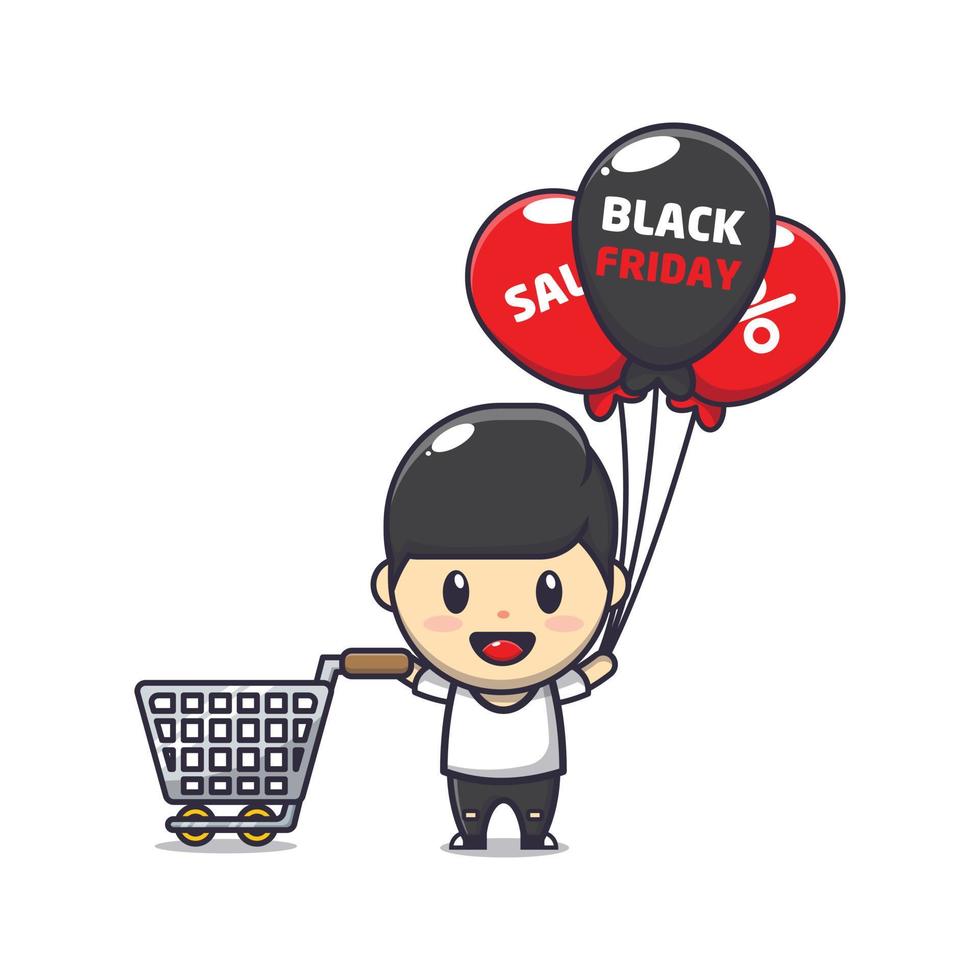 cute boy in black friday sale cartoon mascot illustration vector