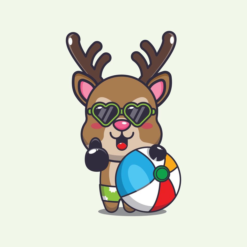 Cute deer in sunglasses with beach ball cartoon illustration vector