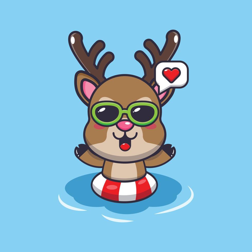 Cute deer in sunglasses swimming on beach cartoon illustration vector